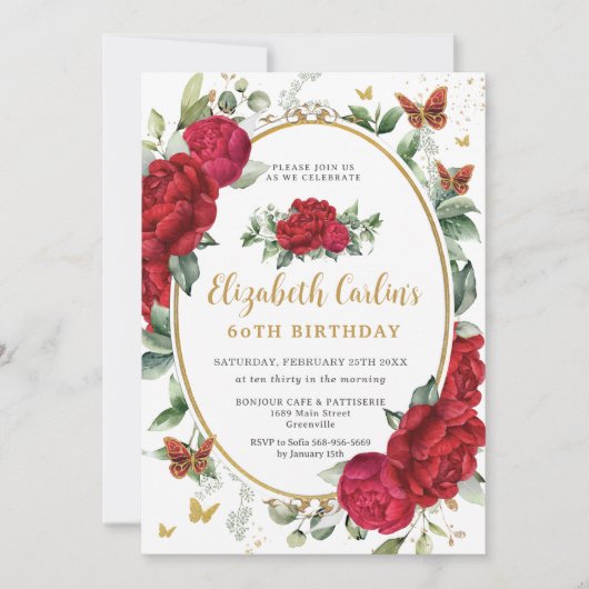  rode pioenen bloemenvlinders Verjaardag Kaart (Voorkant)