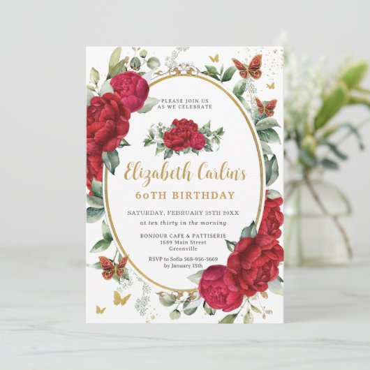  rode pioenen bloemenvlinders Verjaardag Kaart (Staand voorkant)