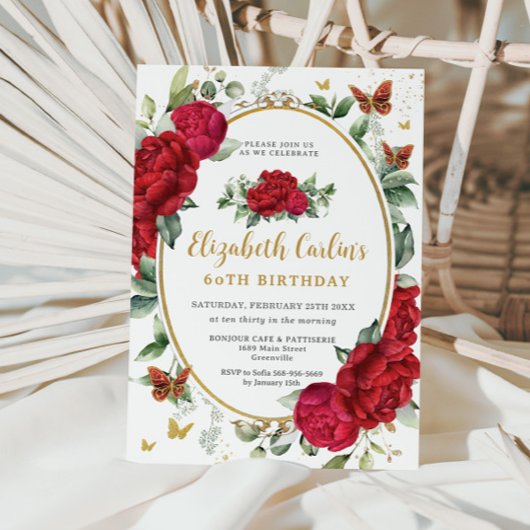 rode pioenen bloemenvlinders Verjaardag Kaart