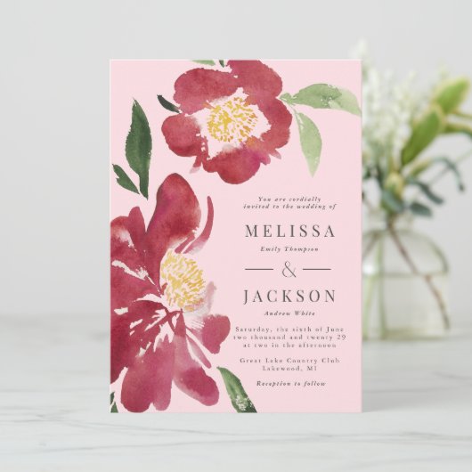 Rode pioenen bruiloft uitnodiging blush (Staand voorkant)