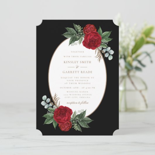 Rode pioenen Elegante Zwart & Goud bruiloft Kaart (Staand voorkant)