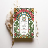 Rode pioenen & gele rozen Art Nouveau bruiloft Kaart