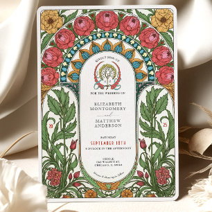 Rode pioenen & gele rozen Art Nouveau bruiloft Kaart