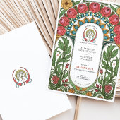 Rode pioenen & gele rozen Art Nouveau bruiloft Kaart