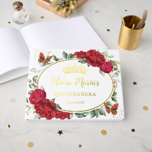 Rode Pioenrozen Bloemvlinders Quinceanera Goud Gastenboek