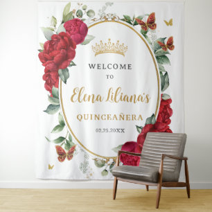 Rode Pioenrozen Bloemvlinders Quinceañera Welkom Wandkleed
