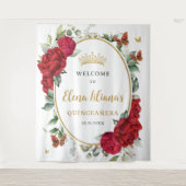 Rode Pioenrozen Bloemvlinders Quinceañera Welkom Wandkleed (Voorkant)