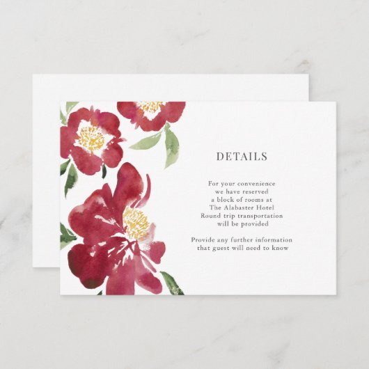 Rode Pioenrozen Waterverf Bloemen Details Behuizin Informatiekaartje (Voorkant / Achterkant)