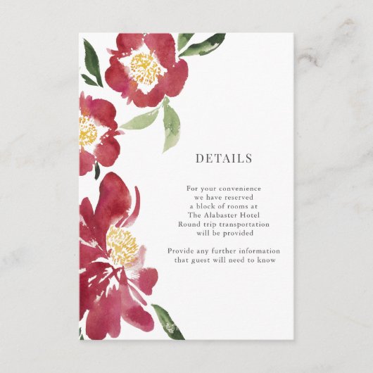 Rode Pioenrozen Waterverf Bloemen Details Behuizin Informatiekaartje (Voorkant)