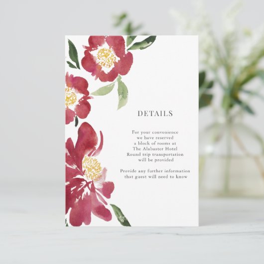 Rode Pioenrozen Waterverf Bloemen Details Behuizin Informatiekaartje (Staand voorkant)