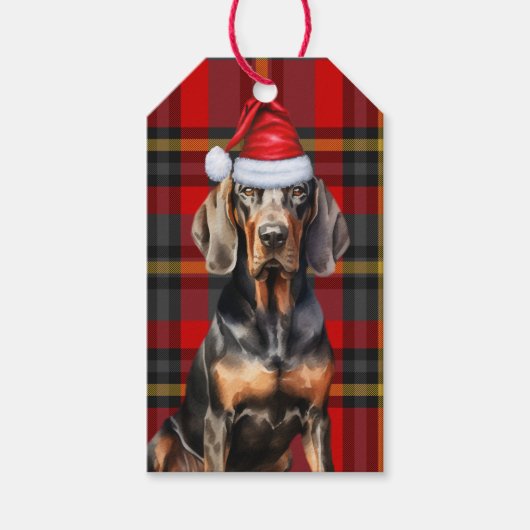 Rode Plaid en Coonhound Hondenliefhebber Kerst Cadeaulabel (Voorkant)