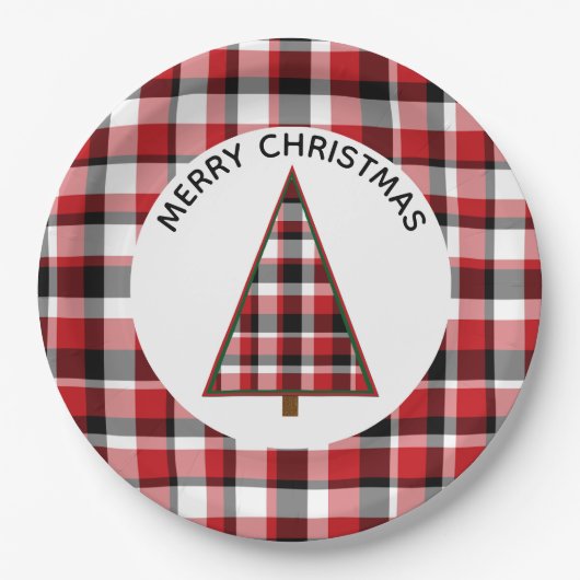 Rode Plaid Kerst Papier Borden Papieren Bordje (Voorkant)