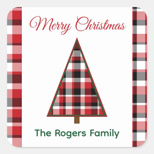 Rode Plaid Kerstboom Kerst stickers (Voorkant)