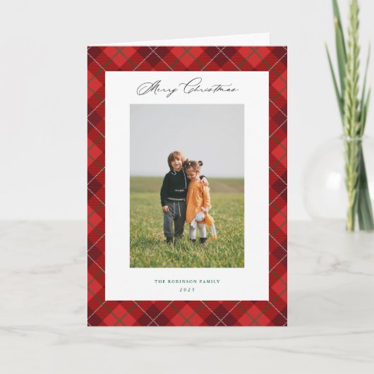 Rode Plaid Kerstvakantie Foto Gevouwen Kaart (Voorkant)