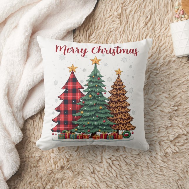 Rode plaid & luipaard Vrolijke kerstboom Kussen (Creator heeft geüpload)
