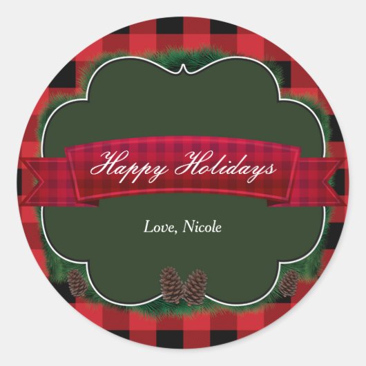 Rode Plaid & Pijnboom Rustic Kerst Favor Sticker (Voorkant)
