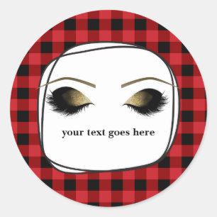 Rode Plaid Rustieke Glamour Gouden Make-up Wimpers Ronde Sticker
