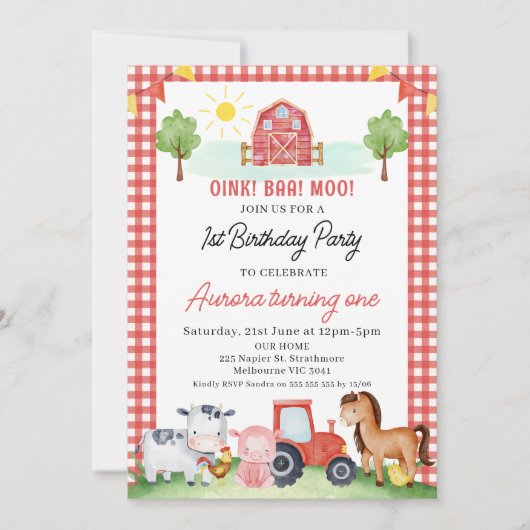 Rode Plaid Schuur Boerderij Dieren Verjaardag Kaart (Voorkant)