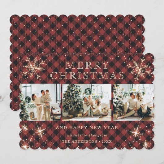  Rode Plaid Sneeuwvlok Fotocollage Feestdagenkaart (Voorkant / Achterkant)