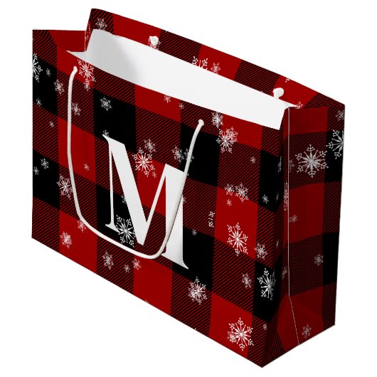 Rode Plaid & Sneeuwvlokken Monogram Eerste Letter  Groot Cadeauzakje (Voorkant Gekanteld)