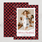 Rode Plaid Sterren Sneeuwfoto Vrolijke Kerst Kaart (Voorkant / Achterkant)