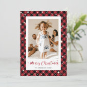 Rode Plaid Sterren Sneeuwfoto Vrolijke Kerst Kaart (Staand voorkant)