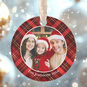 Rode Plaid Tartan Familie Foto 2-zijdig Kerstmis Ornament