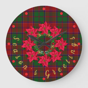 Rode Plaid Tartan Poinsettia Kerstmis Grote Klok