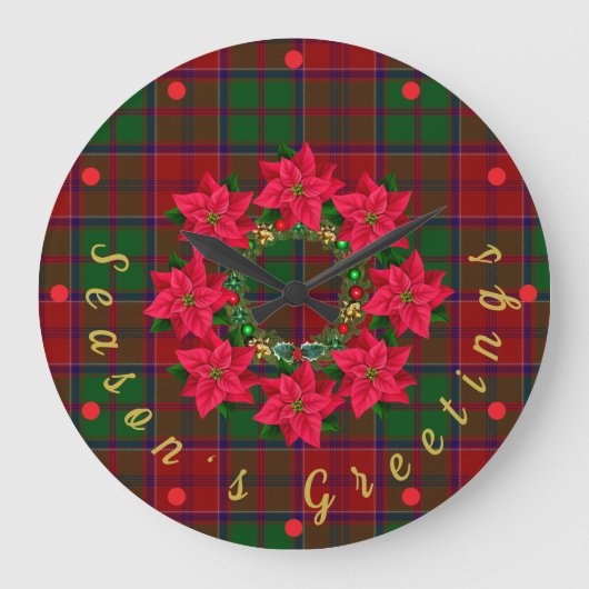 Rode Plaid Tartan Poinsettia Kerstmis Grote Klok (Voorkant)