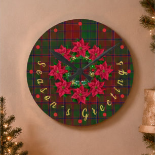 Rode Plaid Tartan Poinsettia Kerstmis Ronde Klok