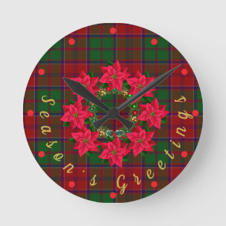 Rode Plaid Tartan Poinsettia Kerstmis Ronde Klok
