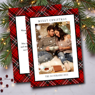 Rode Plaid Tartan Prettig Kerstmis Familie Foto Feestdagenkaart