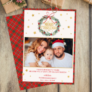 Rode Plaid Vrolijk Kerstfeest Familie Fotokaart Kaart