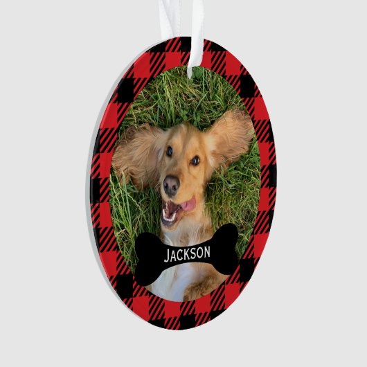 Rode Plakken Custom Bone naamplaat Hond Foto Ornament (voorkant)