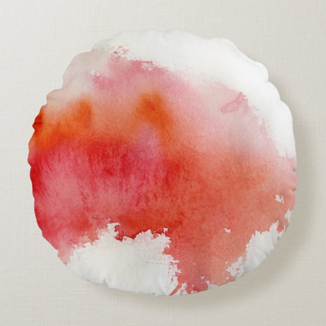 Rode plek, waterverf abstracte hand geschilderd rond kussen (Voorkant)