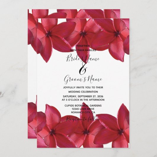 Rode Plumeria Frangipani Wedding Invitations Kaart (Voorkant / Achterkant)