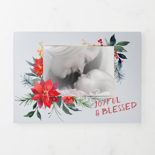 Rode Poinsettia 4 Foto Trifold Christmas Kaart (Cover)