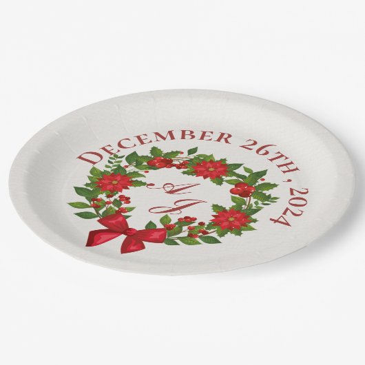 Rode Poinsettia Bessen Kerstmis Bruiloft Papieren Bordje (Gekanteld)