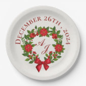 Rode Poinsettia Bessen Kerstmis Bruiloft Papieren Bordje (Voorkant)