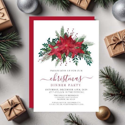 Rode Poinsettia Bloem Kerst Dinnerfeest Kaart