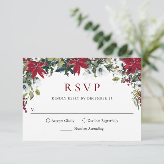 Rode Poinsettia Bloem Kerst RSVP Kaart (Staand voorkant)