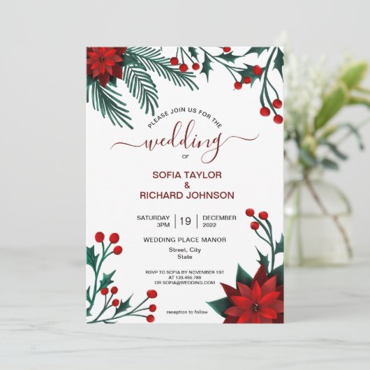 Rode Poinsettia Bloem Kerst Watercolor Bruiloft Kaart (Staand voorkant)