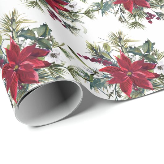 Rode Poinsettia Bloem Kerstcadeau Cadeaupapier (Rol Hoek)