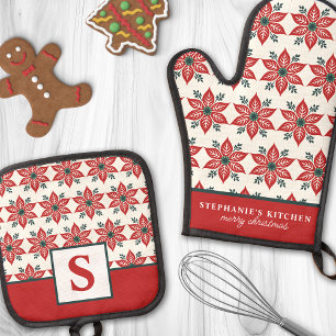 Rode Poinsettia Bloem Patroon Bloemige Monogram Ovenwant & Pannenlap Set