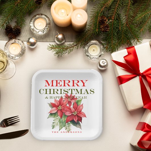  Rode Poinsettia Bloem Vrolijk Kerstfeest Papieren Bordje