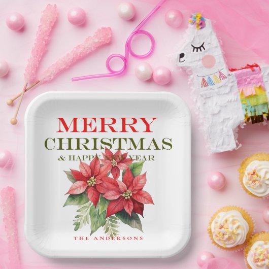  Rode Poinsettia Bloem Vrolijk Kerstfeest Papieren Bordje (Feest)