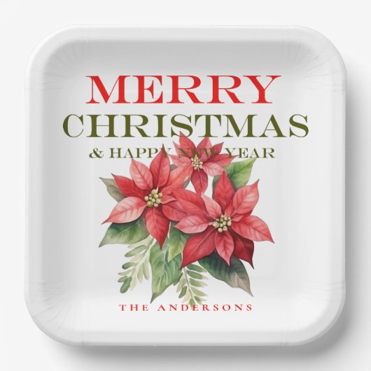  Rode Poinsettia Bloem Vrolijk Kerstfeest Papieren Bordje (Voorkant)