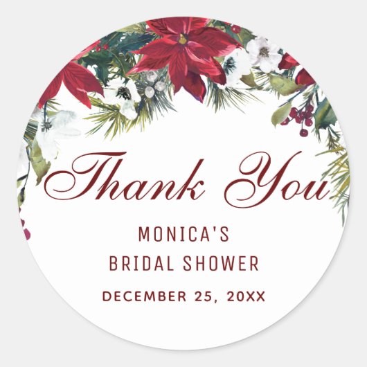 Rode Poinsettia Bloemachtige Bruiloftsdankjewel Ronde Sticker (Voorkant)