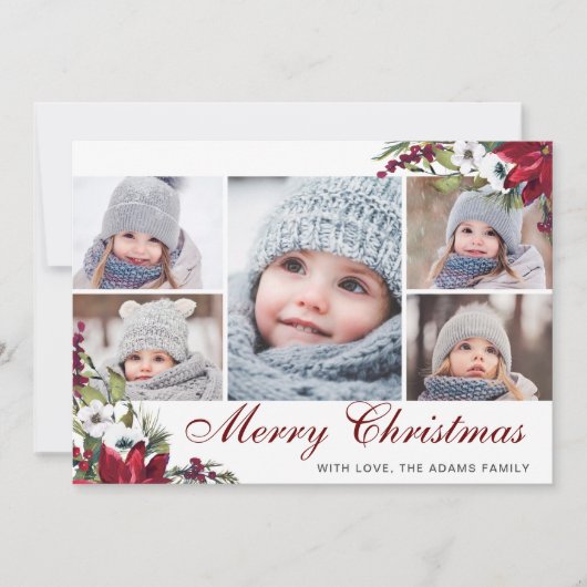 Rode Poinsettia Bloemen 5 FOTO Kerstkaart Bedankkaart (Voorkant)