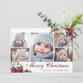 Rode Poinsettia Bloemen 5 FOTO Kerstkaart Bedankkaart (Staand voorkant)